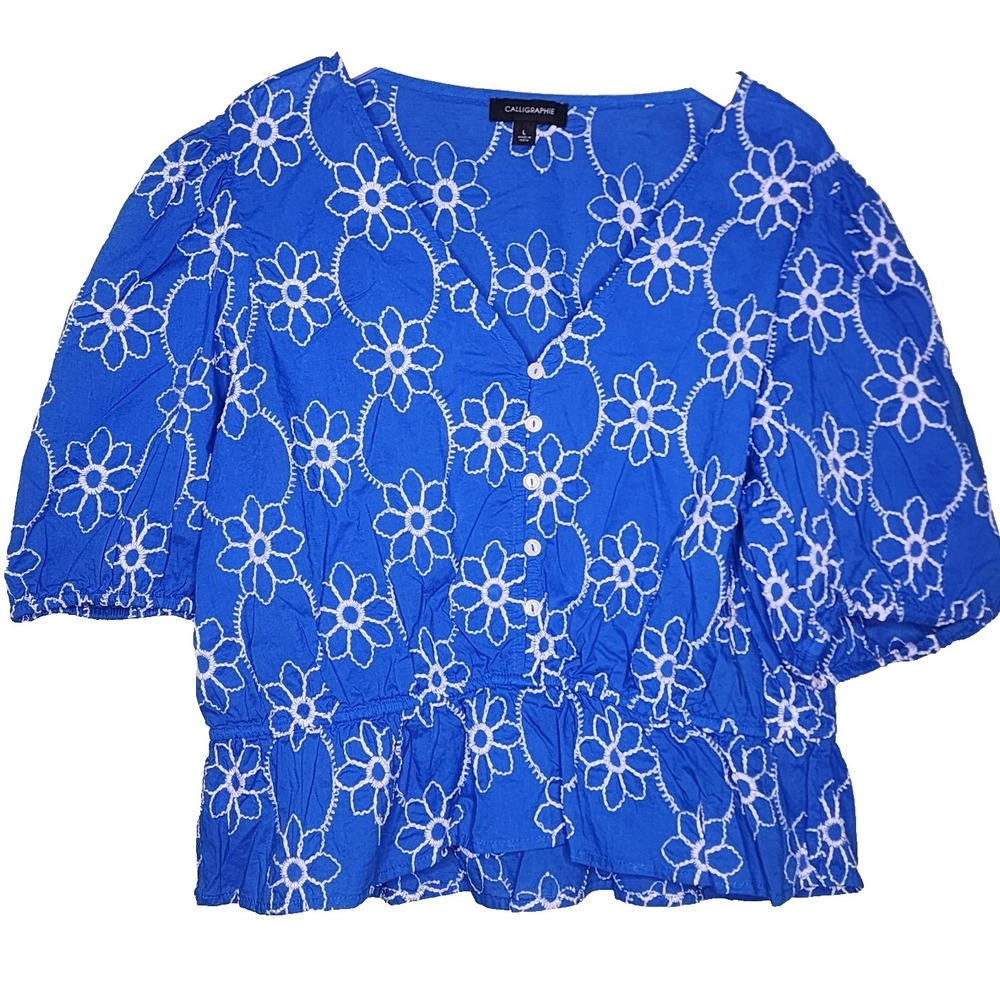 Calligraphie Boho Embroidered Blouse L Blue White Puff Sleeve Peolum Cottage
